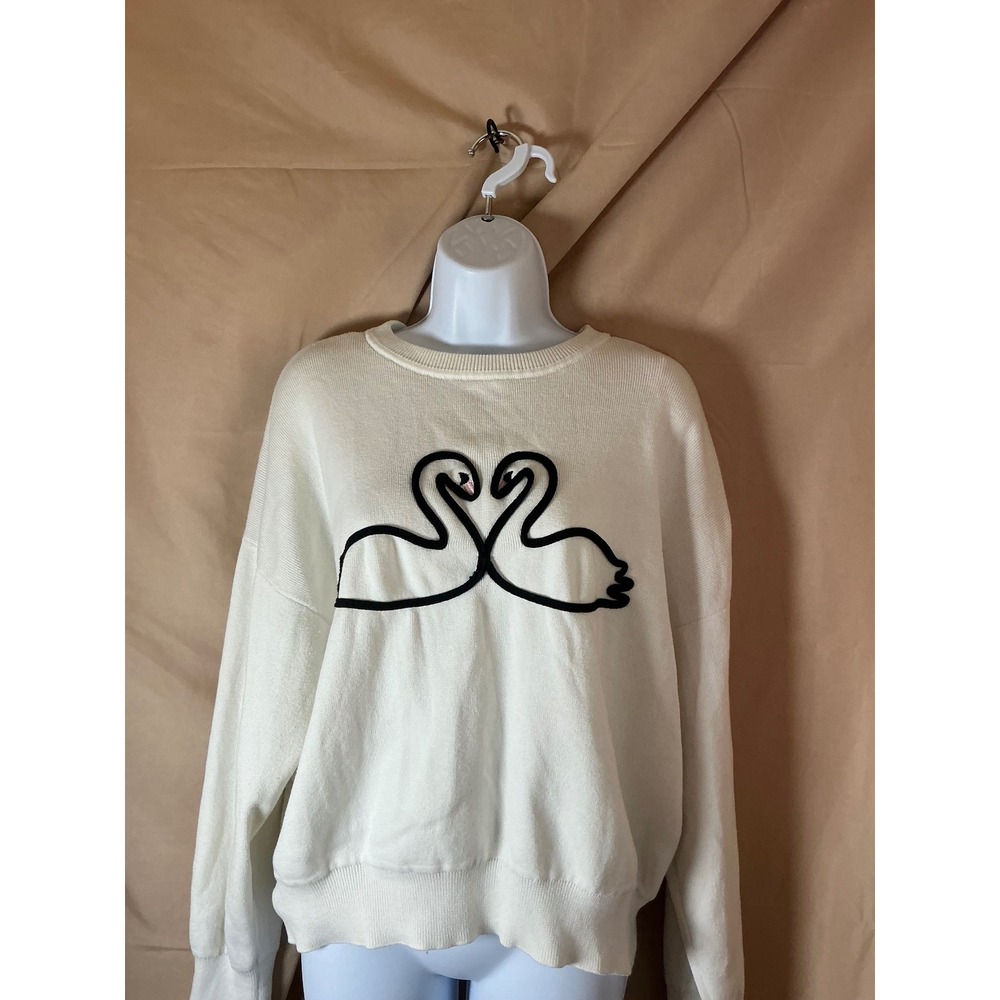 Marled Swan Graphic Sweater Womens Large Cream Excellent Crew Neck Pullover